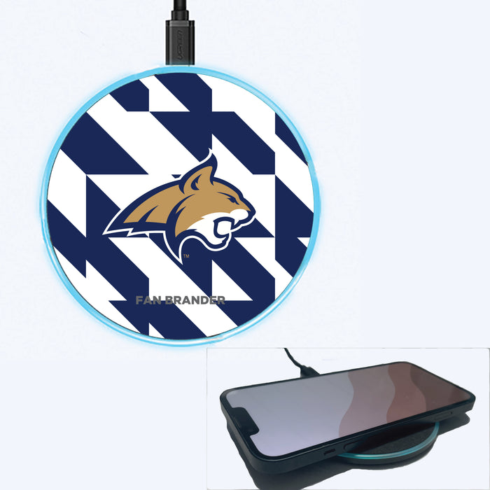 Fan Brander Grey 15W Wireless Charger with Montana State Bobcats Primary Logo on Geometric Quad Background
