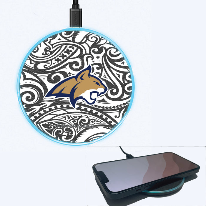 Fan Brander Grey 15W Wireless Charger with Montana State Bobcats Primary Logo With Black Tribal