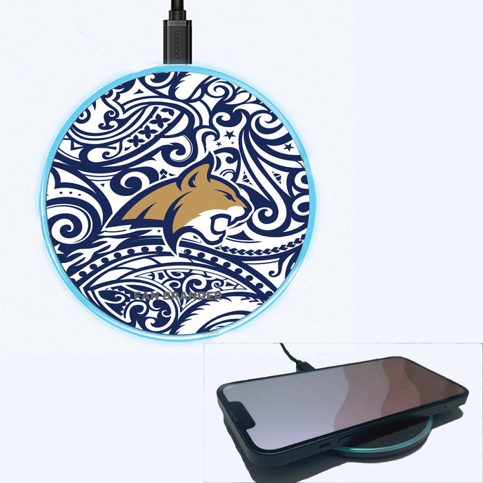 Fan Brander Grey 15W Wireless Charger with Montana State Bobcats Primary Logo With Team Color Tribal Background