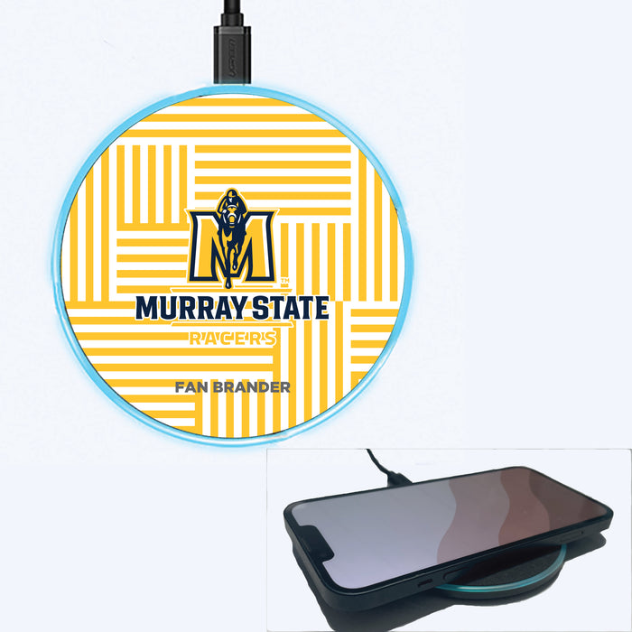 Fan Brander Grey 15W Wireless Charger with Murray State Racers Primary Logo on Geometric Lines Background