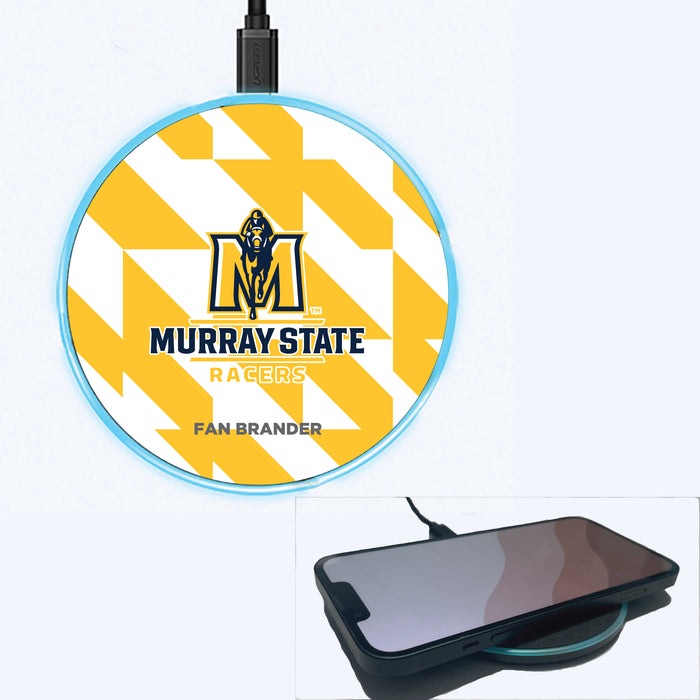 Fan Brander Grey 15W Wireless Charger with Murray State Racers Primary Logo on Geometric Quad Background