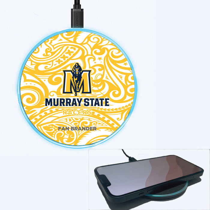 Fan Brander Grey 15W Wireless Charger with Murray State Racers Primary Logo With Team Color Tribal Background