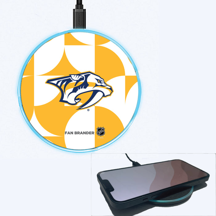 Fan Brander Grey 15W Wireless Charger with Nashville Predators Primary Logo on Geometric Circle Background