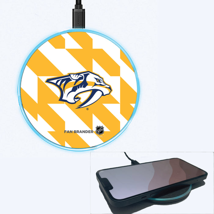 Fan Brander Grey 15W Wireless Charger with Nashville Predators Primary Logo on Geometric Quad Background