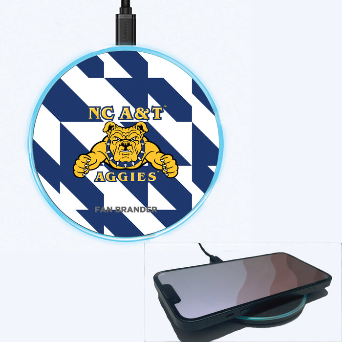 Fan Brander Grey 15W Wireless Charger with North Carolina A&T Aggies Primary Logo on Geometric Quad Background