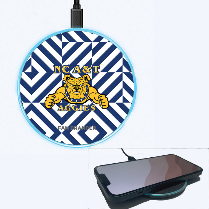 Fan Brander Grey 15W Wireless Charger with North Carolina A&T Aggies Primary Logo on Geometric Diamonds Background