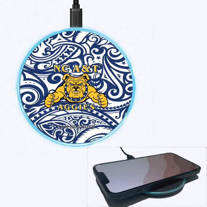 Fan Brander Grey 15W Wireless Charger with North Carolina A&T Aggies Primary Logo With Team Color Tribal Background