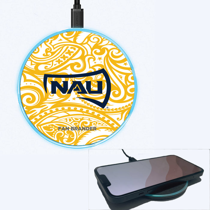 Fan Brander Grey 15W Wireless Charger with Northern Arizona Lumberjacks Primary Logo With Team Color Tribal Background