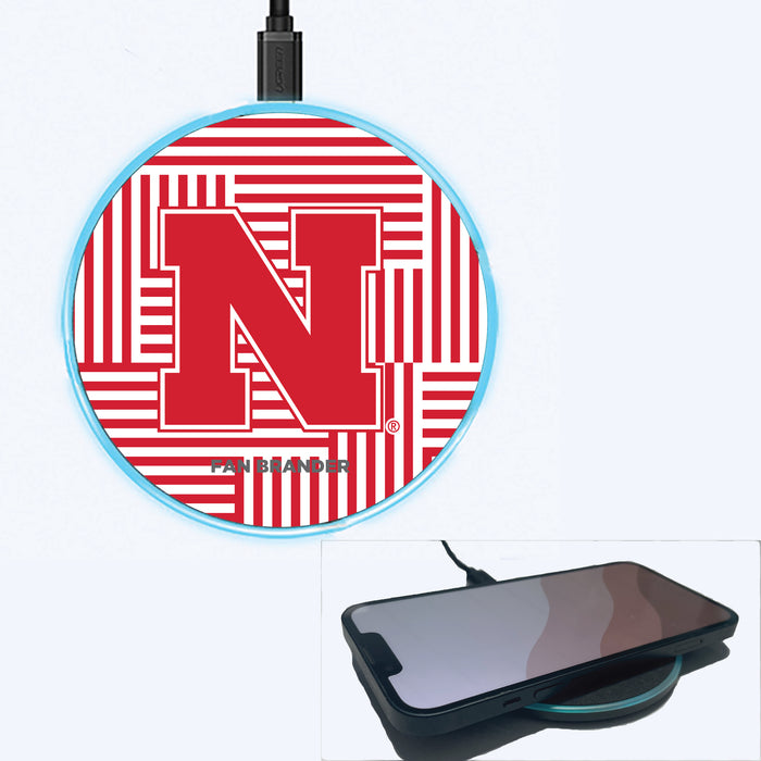 Fan Brander Grey 15W Wireless Charger with Nebraska Cornhuskers Primary Logo on Geometric Lines Background