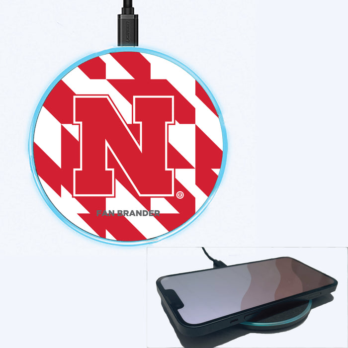 Fan Brander Grey 15W Wireless Charger with Nebraska Cornhuskers Primary Logo on Geometric Quad Background