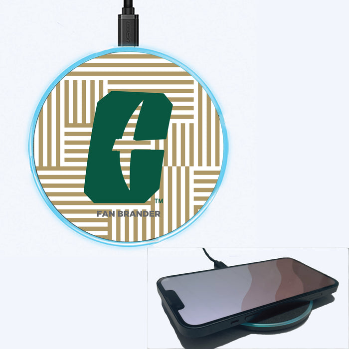 Fan Brander Grey 15W Wireless Charger with Charlotte 49ers Primary Logo on Geometric Lines Background