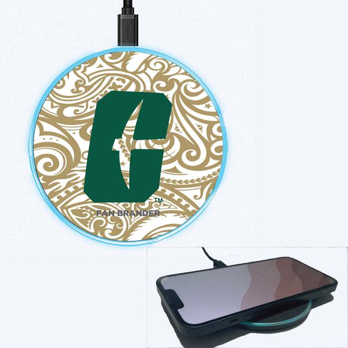 Fan Brander Grey 15W Wireless Charger with Charlotte 49ers Primary Logo With Team Color Tribal Background
