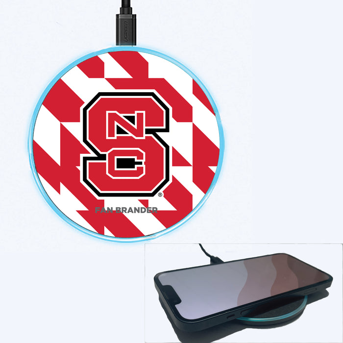 Fan Brander Grey 15W Wireless Charger with NC State Wolfpack Primary Logo on Geometric Quad Background