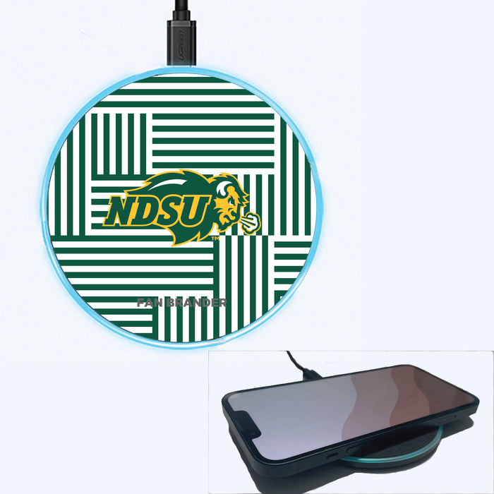 Fan Brander Grey 15W Wireless Charger with North Dakota State Bison Primary Logo on Geometric Lines Background