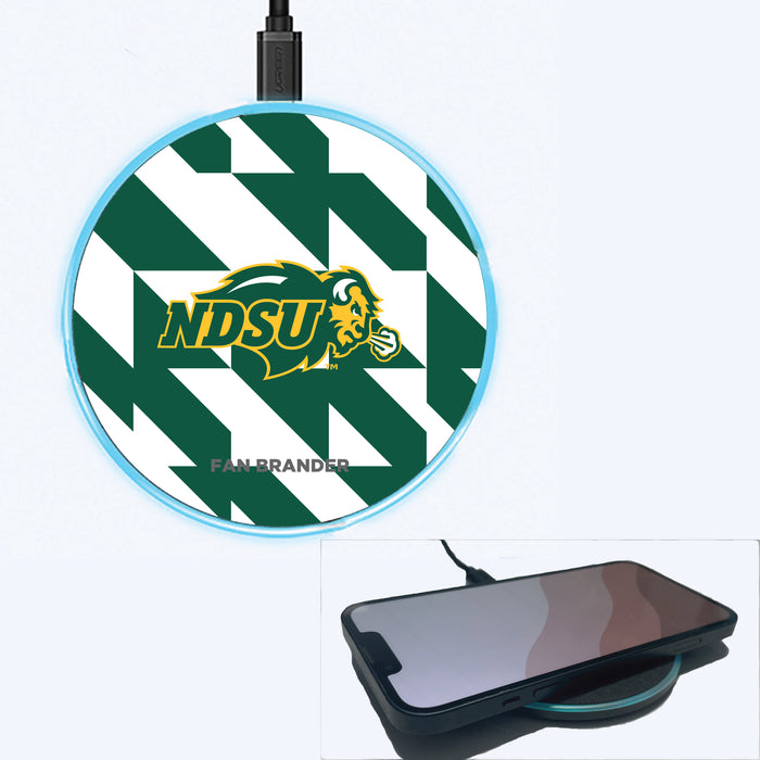 Fan Brander Grey 15W Wireless Charger with North Dakota State Bison Primary Logo on Geometric Quad Background