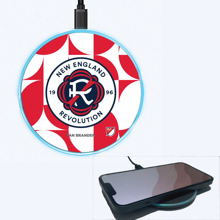 Fan Brander Grey 15W Wireless Charger with New England Revolution Primary Logo on Geometric Circle Background