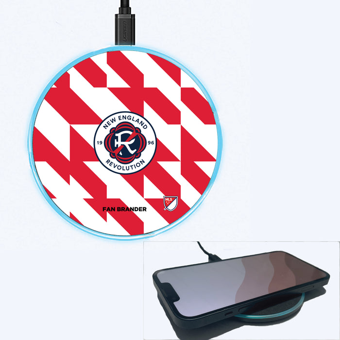 Fan Brander Grey 15W Wireless Charger with New England Revolution Primary Logo on Geometric Quad Background