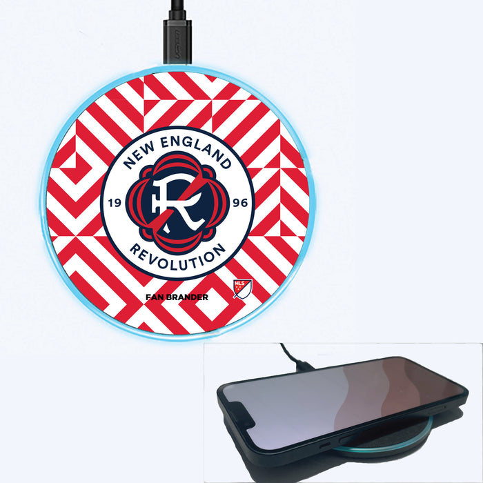 Fan Brander Grey 15W Wireless Charger with New England Revolution Primary Logo on Geometric Diamonds Background