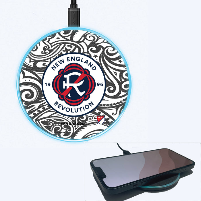 Fan Brander Grey 15W Wireless Charger with New England Revolution Primary Logo With Black Tribal