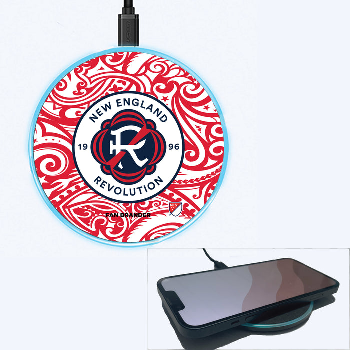 Fan Brander Grey 15W Wireless Charger with New England Revolution Primary Logo With Team Color Tribal Background