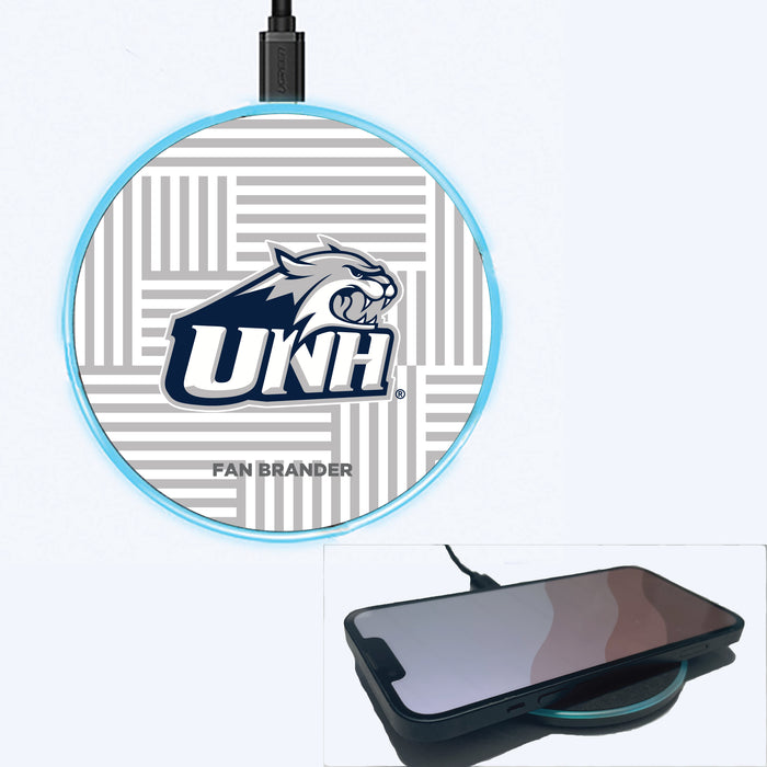 Fan Brander Grey 15W Wireless Charger with New Hampshire Wildcats Primary Logo on Geometric Lines Background