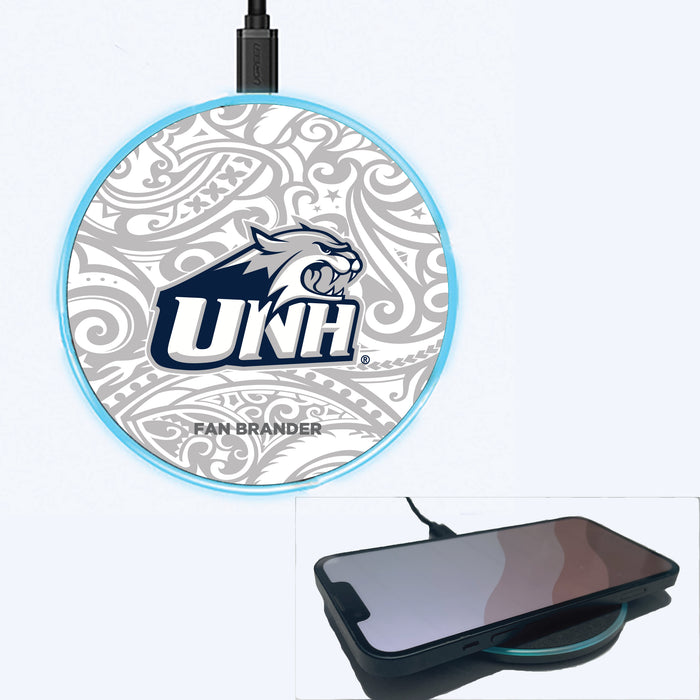 Fan Brander Grey 15W Wireless Charger with New Hampshire Wildcats Primary Logo With Team Color Tribal Background