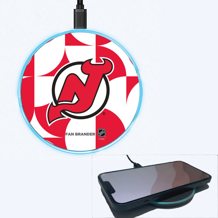 Fan Brander Grey 15W Wireless Charger with New Jersey Devils Primary Logo on Geometric Circle Background