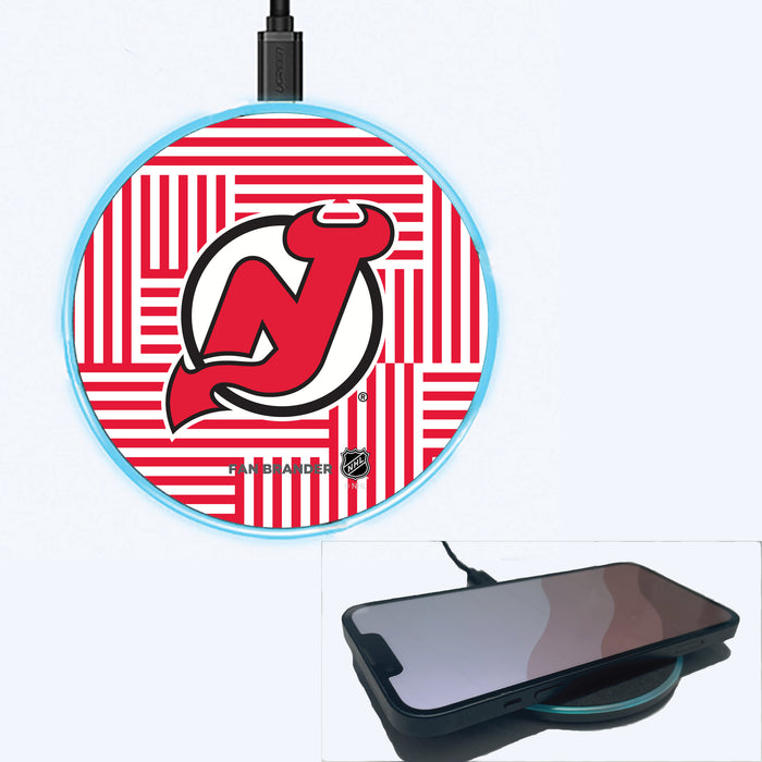 Fan Brander Grey 15W Wireless Charger with New Jersey Devils Primary Logo on Geometric Lines Background