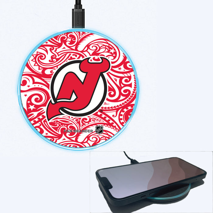 Fan Brander Grey 15W Wireless Charger with New Jersey Devils Primary Logo With Team Color Tribal Background