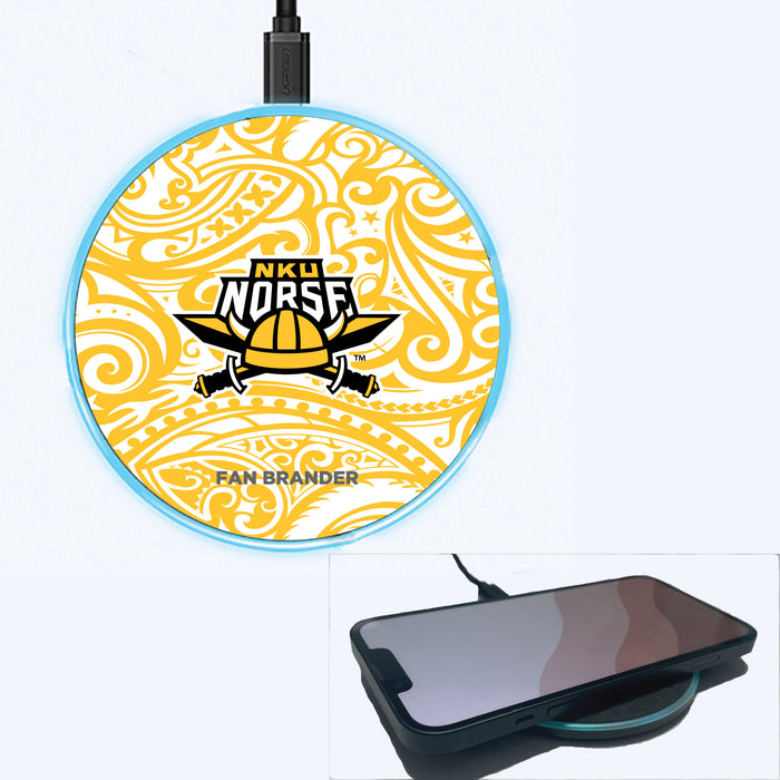 Fan Brander Grey 15W Wireless Charger with Northern Kentucky University Norse Primary Logo With Team Color Tribal Background