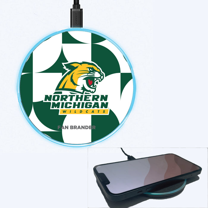 Fan Brander Grey 15W Wireless Charger with Northern Michigan University Wildcats Primary Logo on Geometric Circle Background