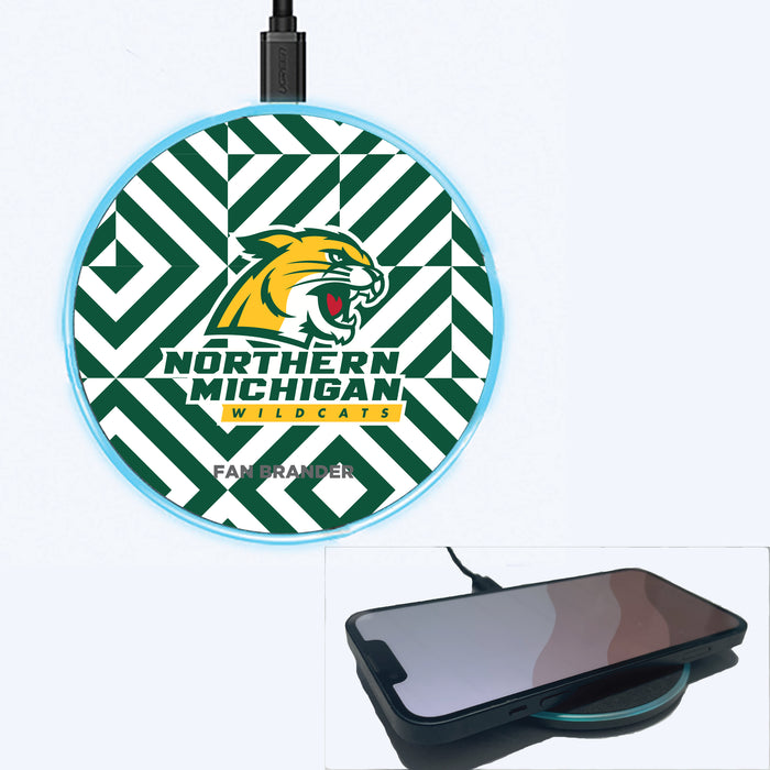 Fan Brander Grey 15W Wireless Charger with Northern Michigan University Wildcats Primary Logo on Geometric Diamonds Background