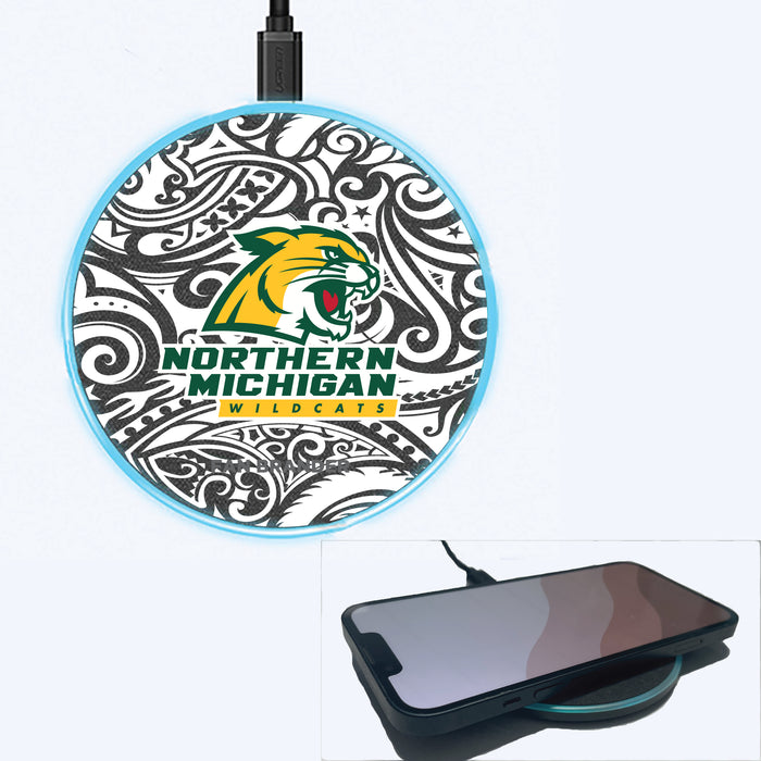 Fan Brander Grey 15W Wireless Charger with Northern Michigan University Wildcats Primary Logo With Black Tribal