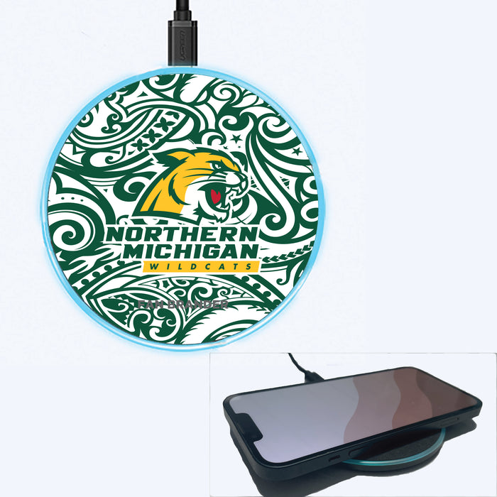 Fan Brander Grey 15W Wireless Charger with Northern Michigan University Wildcats Primary Logo With Team Color Tribal Background