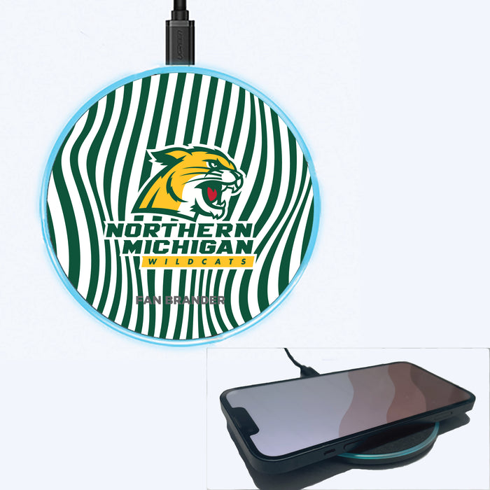 Fan Brander Grey 15W Wireless Charger with Northern Michigan University Wildcats Primary Logo With Team Groovey Lines