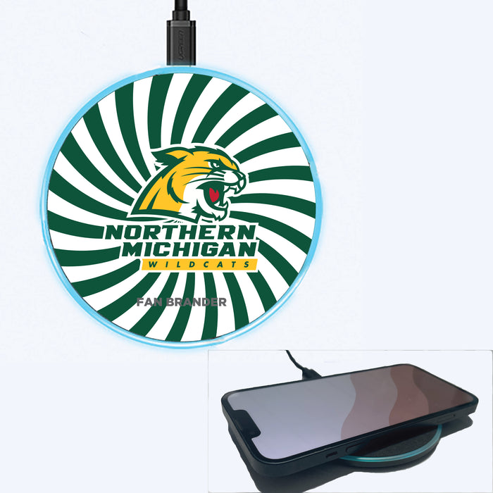 Fan Brander Grey 15W Wireless Charger with Northern Michigan University Wildcats Primary Logo With Team Groovey Burst