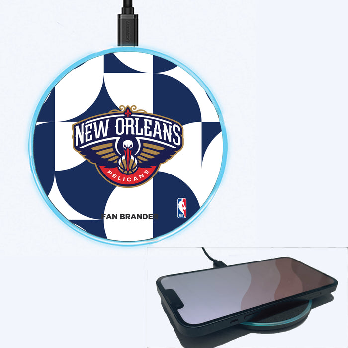 Fan Brander Grey 15W Wireless Charger with New Orleans Pelicans Primary Logo on Geometric Circle Background