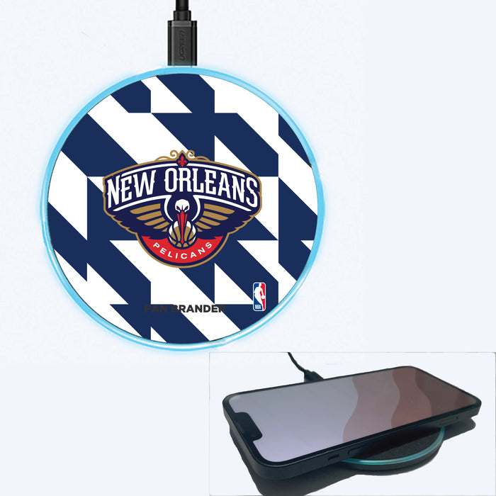 Fan Brander Grey 15W Wireless Charger with New Orleans Pelicans Primary Logo on Geometric Quad Background
