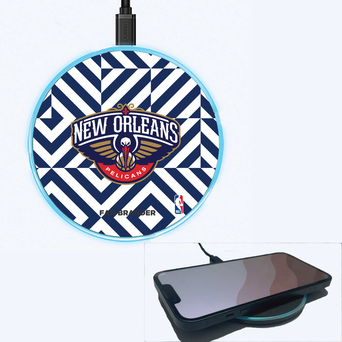 Fan Brander Grey 15W Wireless Charger with New Orleans Pelicans Primary Logo on Geometric Diamonds Background
