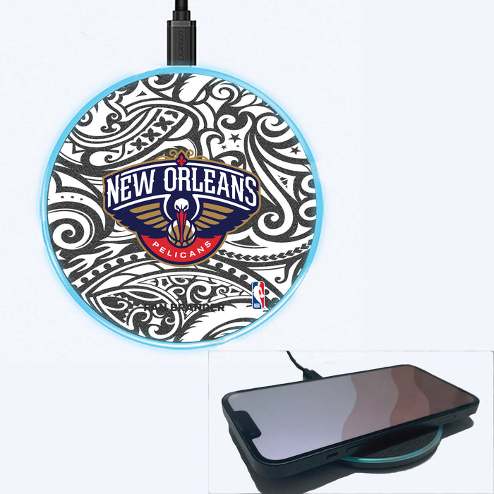 Fan Brander Grey 15W Wireless Charger with New Orleans Pelicans Primary Logo With Black Tribal