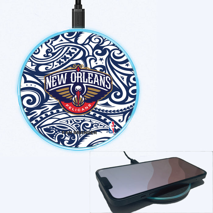 Fan Brander Grey 15W Wireless Charger with New Orleans Pelicans Primary Logo With Team Color Tribal Background