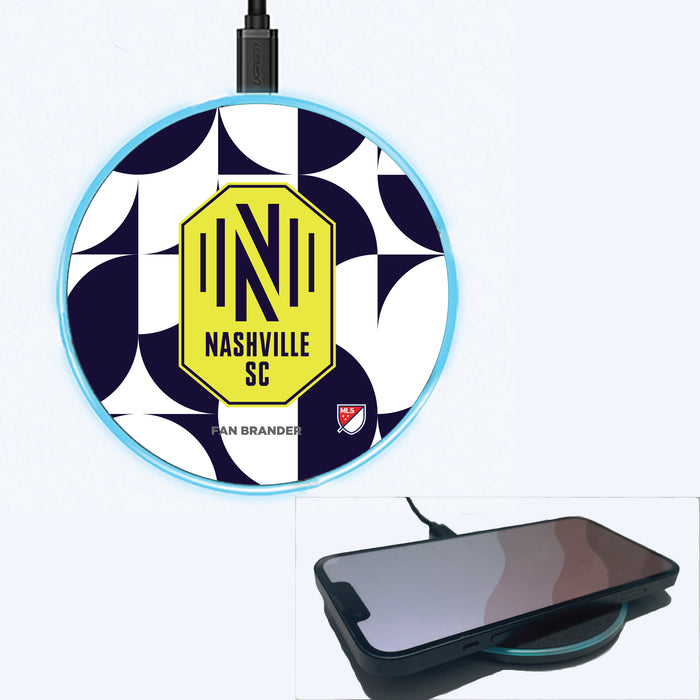 Fan Brander Grey 15W Wireless Charger with Nashville SC Primary Logo on Geometric Circle Background