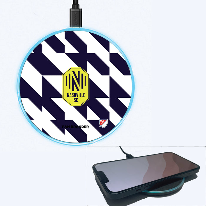 Fan Brander Grey 15W Wireless Charger with Nashville SC Primary Logo on Geometric Quad Background