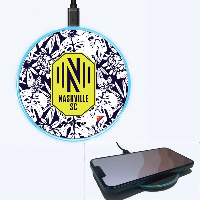 Fan Brander Grey 15W Wireless Charger with Nashville SC Primary Logo With Team Color Hawain Pattern