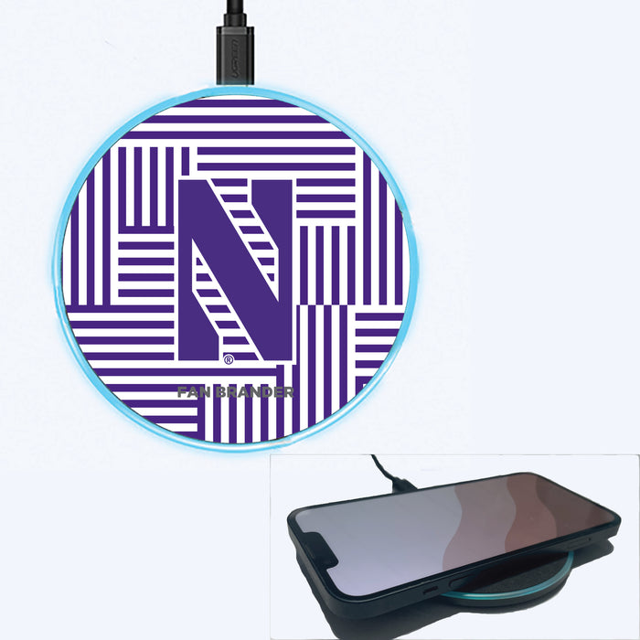 Fan Brander Grey 15W Wireless Charger with Northwestern Wildcats Primary Logo on Geometric Lines Background