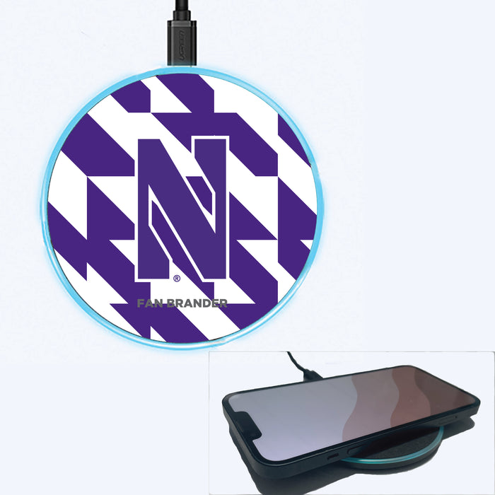 Fan Brander Grey 15W Wireless Charger with Northwestern Wildcats Primary Logo on Geometric Quad Background