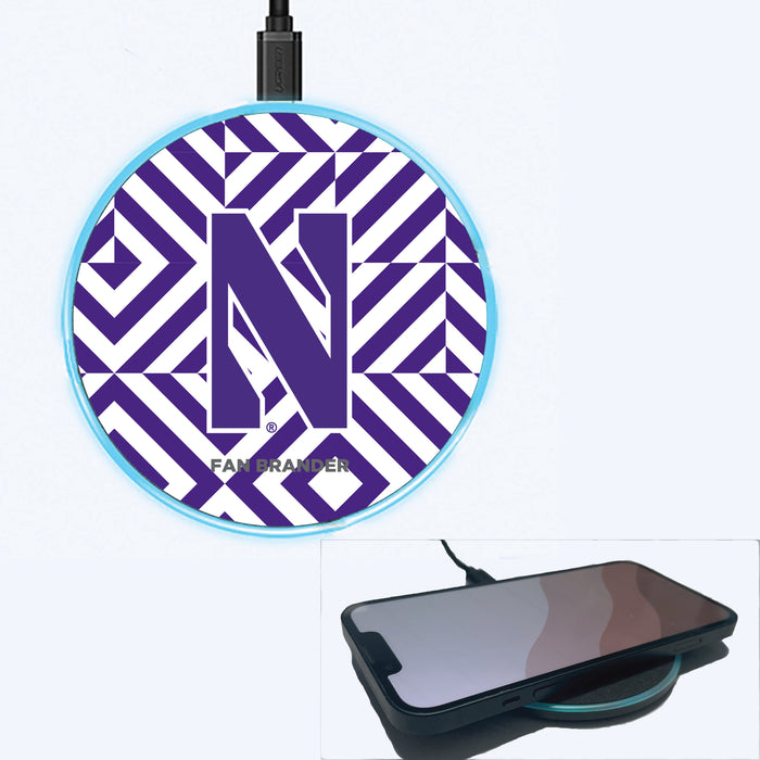 Fan Brander Grey 15W Wireless Charger with Northwestern Wildcats Primary Logo on Geometric Diamonds Background