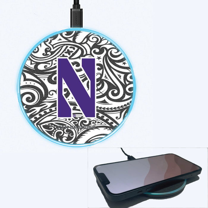 Fan Brander Grey 15W Wireless Charger with Northwestern Wildcats Primary Logo With Black Tribal