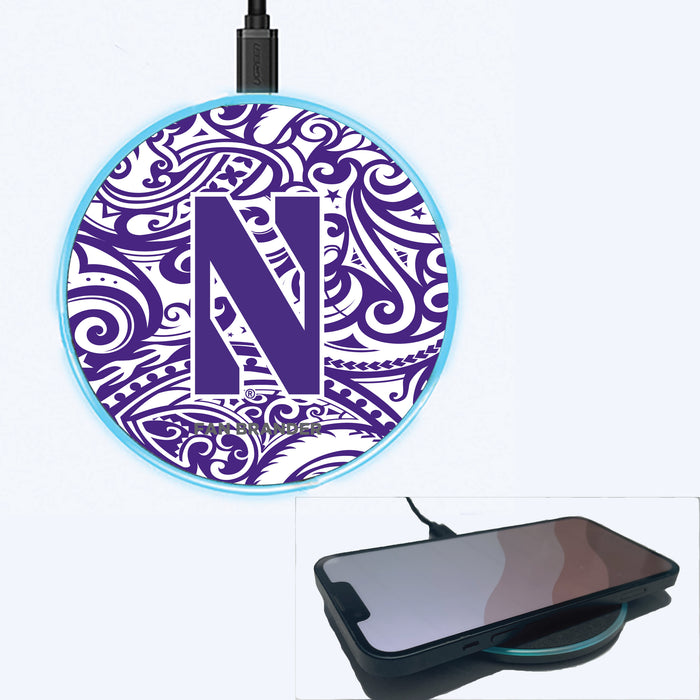 Fan Brander Grey 15W Wireless Charger with Northwestern Wildcats Primary Logo With Team Color Tribal Background