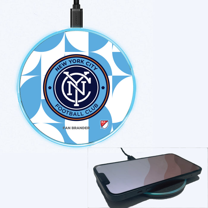 Fan Brander Grey 15W Wireless Charger with New York City FC Primary Logo on Geometric Circle Background